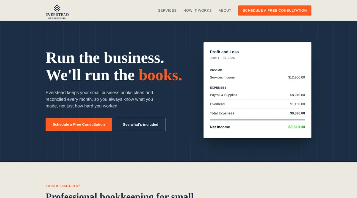 The Everstead Bookkeeping home page on desktop, with the headline and a sample profit and loss statement