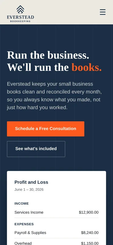 The Everstead Bookkeeping home page on a phone