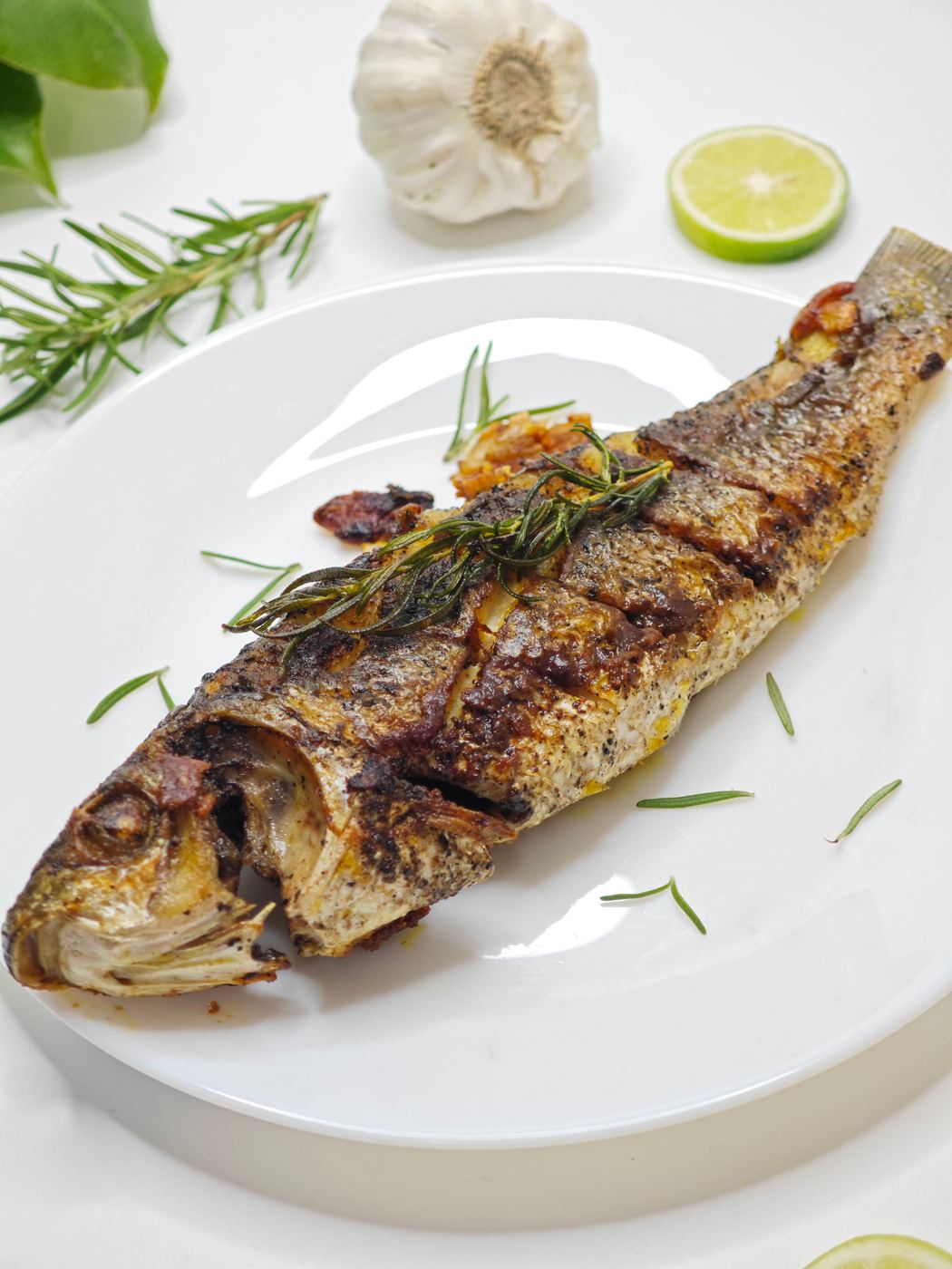Whole roasted branzino